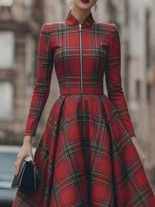 Vestido largo estampado 2026 estilo Occidental | Cuello erguido, manga larga, cremallera, casual elegante - Rojo - Ver 3