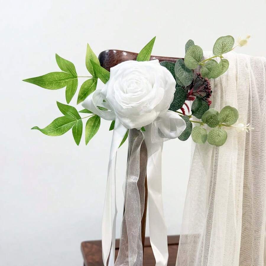 12pcs Artificial White Rose, High-Quality Lifelike Fake Rose Bouquet, Suitable For Outdoor Wedding Decor, Chair Back Floral Arrangement, Rustic Forest Style Wedding Decoration, Professional Wedding Photography Props, DIY Craft, Bridal Shower Venue Decor, Centerpiece, Aisle Decoration, Home Interior Decor