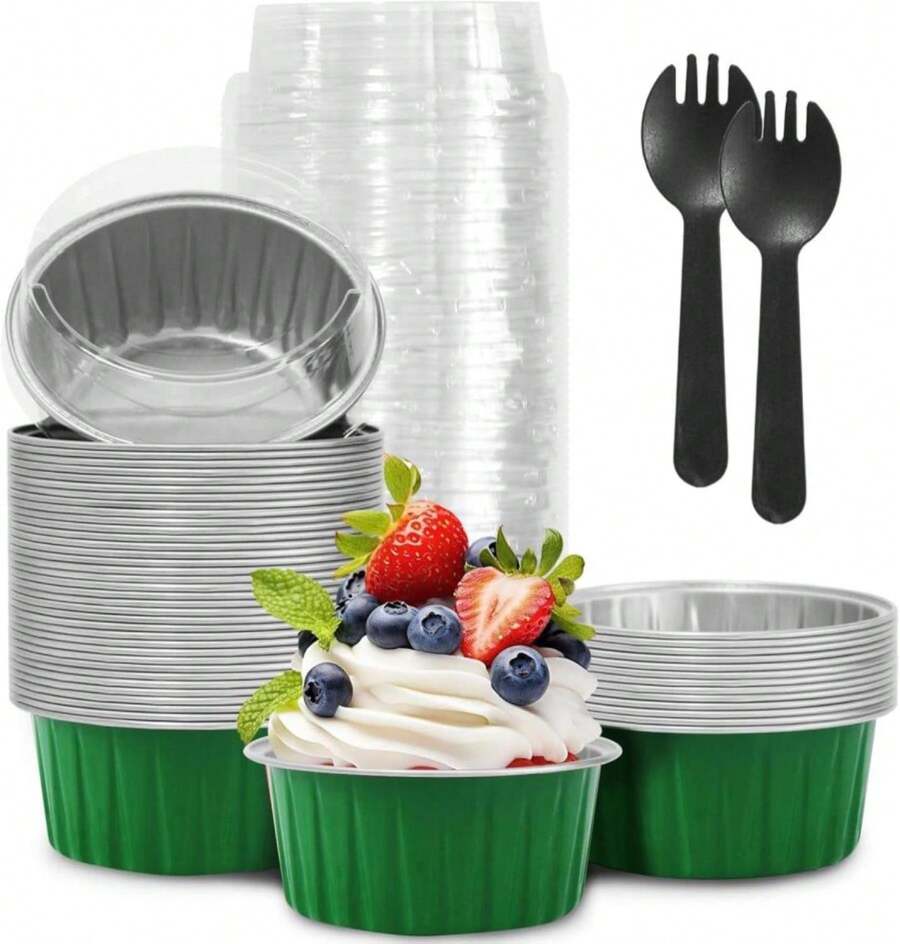 YOIYINI St. Patrick'S Day 50Pcs Mini Aluminum Foil Cupcake Baking Cups,5oz Cake Pans Disposable,Mini Loaf Pans With Lids,Disposable Ramekins,Tin Cups Containers For Cupcake,Pudding,Muffin(50, Green) - ColorD - 查看 1