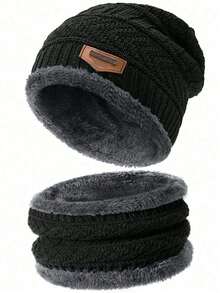 2pcs/Set Winter Knit Hat & Scarf Set, Warm Thick Fleece Lining, Unisex Casual Warm Hat - A - View 1