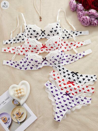 Bộ đồ lót ren phối nhiều mảnh 6 món dành cho nữ, thoải mái, thích hợp mặc hàng ngày, thích hợp làm quà tặng Ngày Valentine.