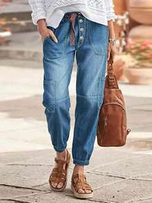Women's Mid-Rise Elastic Waist Multi-Pocket Design Straight Leg Drawstring Jeans, Versatile Streetwear - Dark Wash - View 2