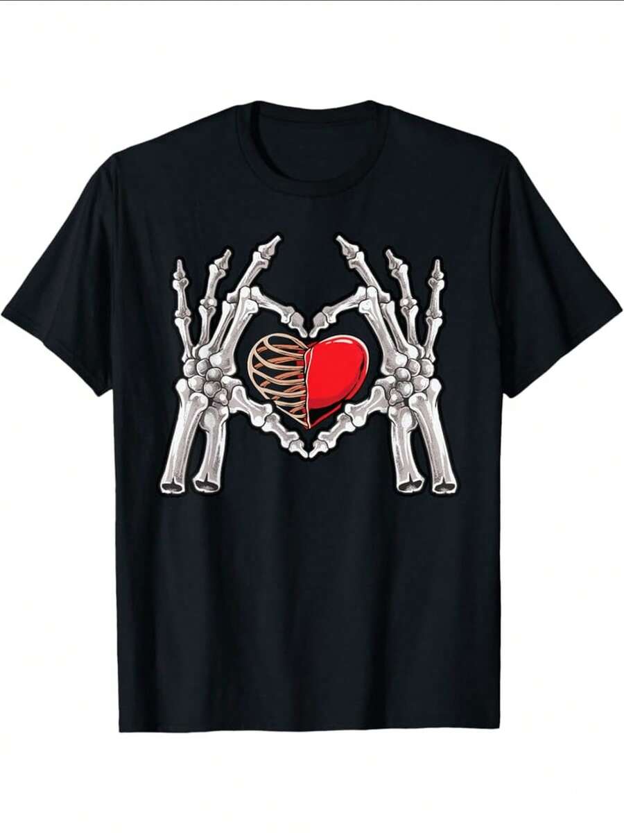 Men'S Gothic Romantic Skeleton Hand Heart Graphic T-Shirt - 180gsm Heavyweight 100, White With Black & Red Bone & Heart Print, Casual Round Neck Short Sleeve Tee For - 風格 - 查看 1