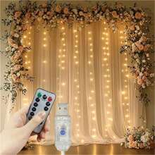 600/300/200/100 LED 窗帘灯，USB 供电，8 种照明模式，带遥控器，适用于婚礼背景装饰，也可用于斋月、情人节和其他节日。 - USB供電窗簾燈 - 查看 4