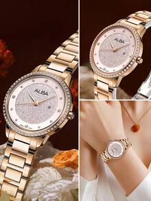 Seiko ALBA 女士优雅水晶腕表：玫瑰金表盘，送给女友或爱人的完美奢华礼物 AH7W20X1 - 金色 - 查看 5