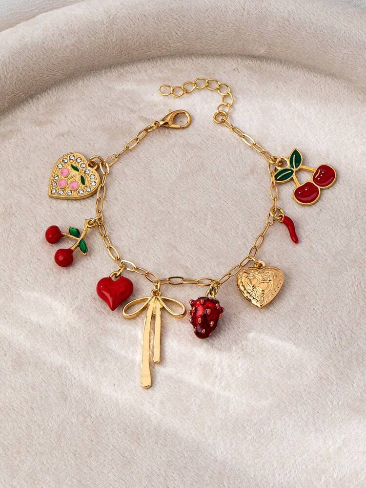1pc Gold Heart Pendant Bracelet With Bow, Cowboy Hat, Boots And Cherry Pendant Charms, Jewelry Gift For Women - Multicolor - View 2