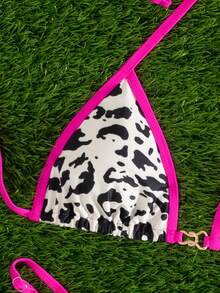 2026夏季女士性感沙滩度假豹纹撞色包边扭结露背开衩比基尼套装 - 彩色 - 查看 4