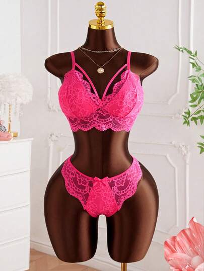 2pcs Women Sexy Lingerie Set, Adjustable Strap Triangle Cup Zipper Bra And Semi-Sheer Lace Panty, Comfortable Sleepwear Set