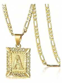 Initial Necklace Square Letter Pendant Necklace Capital Monogram Necklace Alhpabets From A-Z Figaro Chain Necklace - Multicolor - View 3
