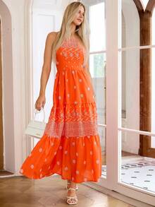 Simplee Đầm dài mùa hè kiểu dáng đi biển mới dành cho nữ, thêu laser cắt laser, xếp tầng ở eo, cổ yếm, thích hợp cho tiệc tùng. - trái cam - Xem 4
