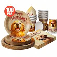 Cute Dog Happy Birthday Disposable Plates, Napkins, Cups - One-Time Party Supplies Set, Fits 25 Guests, Disposable Paper Plates Party Tableware Suitable For Birthday, Wedding, Theme Party, Family Picnic - Multicolor - View 1