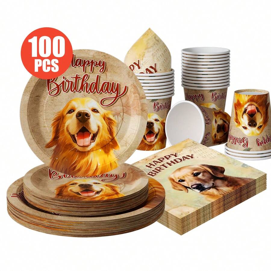 Cute Dog Happy Birthday Disposable Plates, Napkins, Cups - One-Time Party Supplies Set, Fits 25 Guests, Disposable Paper Plates Party Tableware Suitable For Birthday, Wedding, Theme Party, Family Picnic - Multicolor - View 1