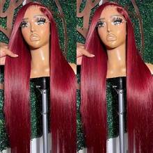 34 Inch 99J Burgundy Lace Front Wig Human Hair Brazilian Virgin Straight Lace Front Wigs Human Hair 250% Density Colored Human Hair Wig 13x4 HD Lace Frontal Wig For Women Burgundy Colored Pre Plucked With Baby Hair Natural Hairline - S99J - 查看 2