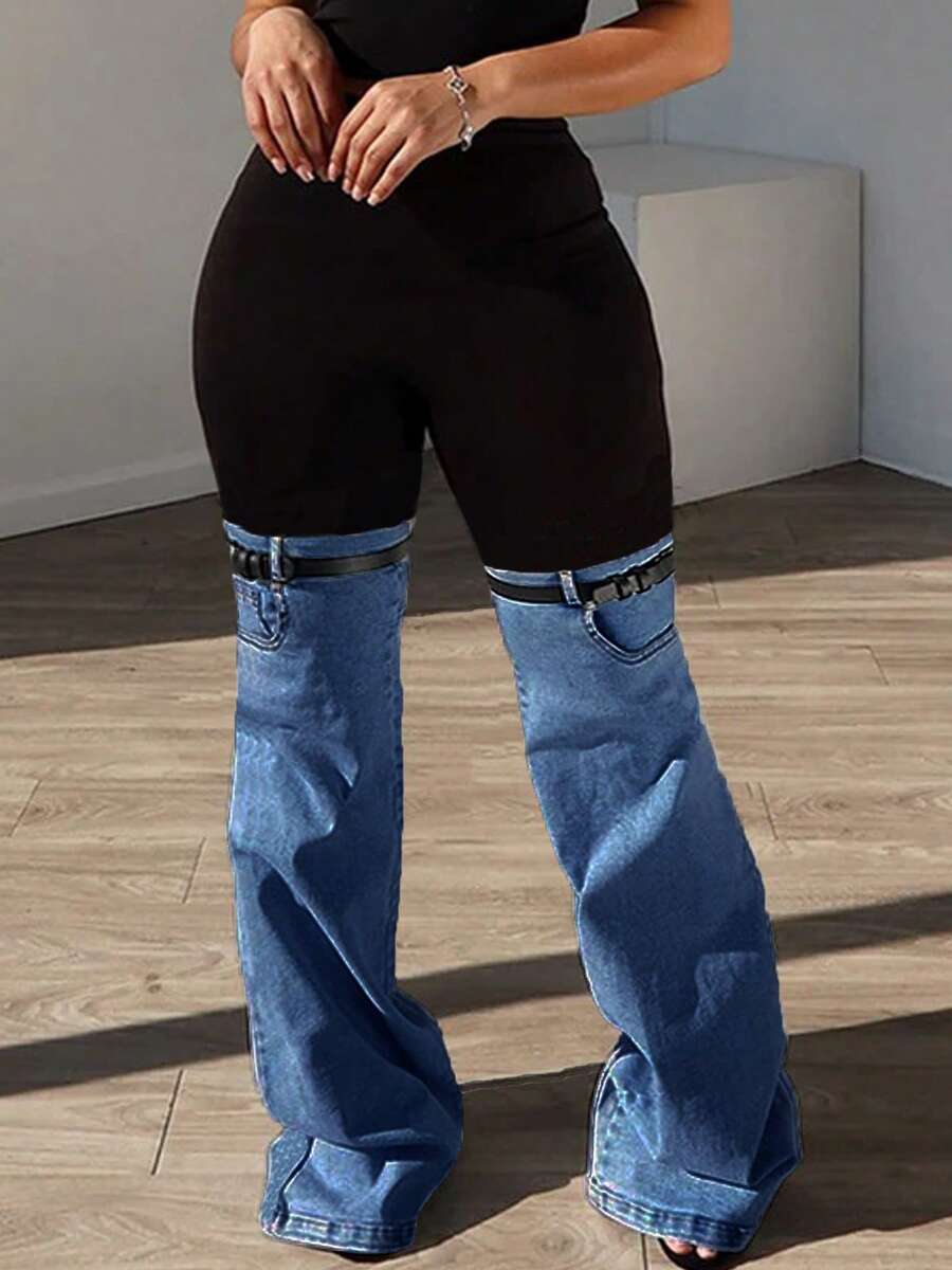 Y2K Streetwear Patchwork Wide Leg Pants For Women High Waist Stretch Black Top With Washed Denim Flared Bottom And Decorative Belt Straps - 藍色 - 查看 1