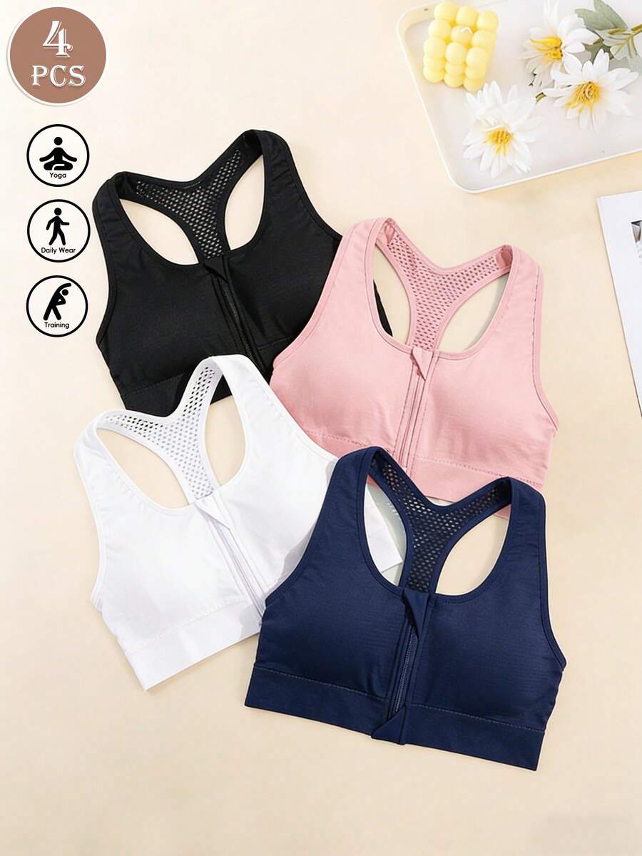 EMUPER 4 chiếc áo ngực thể thao không đường may, kiểu đan chéo, khoét lỗ, khóa kéo phía trước, dáng lửng dành cho nữ. - Nhiều màu - Xem 1