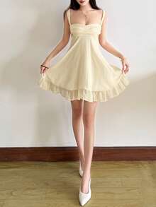 超炫宽松露肩网纱连衣裙，显瘦 - 杏色 - 查看 3