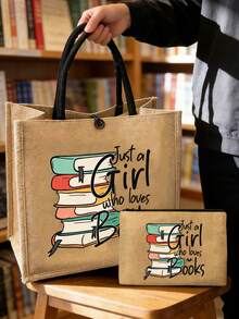 黄色亚麻两件套，大容量亚麻手提袋，印有“Just A Girl Who Loves Books”彩色字母和爱心图案，时尚便携女士亚麻手提包，多功能购物袋，适合作为礼物送给女性、母亲、老师、朋友、伴娘、学生，也适合婚礼、周年纪念日、生日、海滩、节日、返校、情人节、母亲节等场合。 - 彩色 - 查看 2