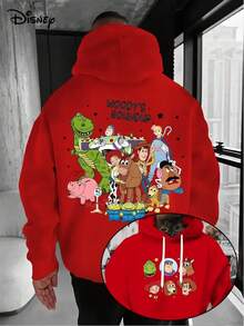New Disney Hoodie-Men's Toy Story Wu Di Cartoon Pattern Pullover, Loose Hoodie Sweater In Front Pocket, Suitable For Casual Wear, Disney's Birthday Gift, Travel Clothes, Playful Design, Comfortable Fabrics, Fan Clothes, Movie Lovers, Home Clothes, Durable Materials, Printed Sweatshirts, Men. - Red - View 1