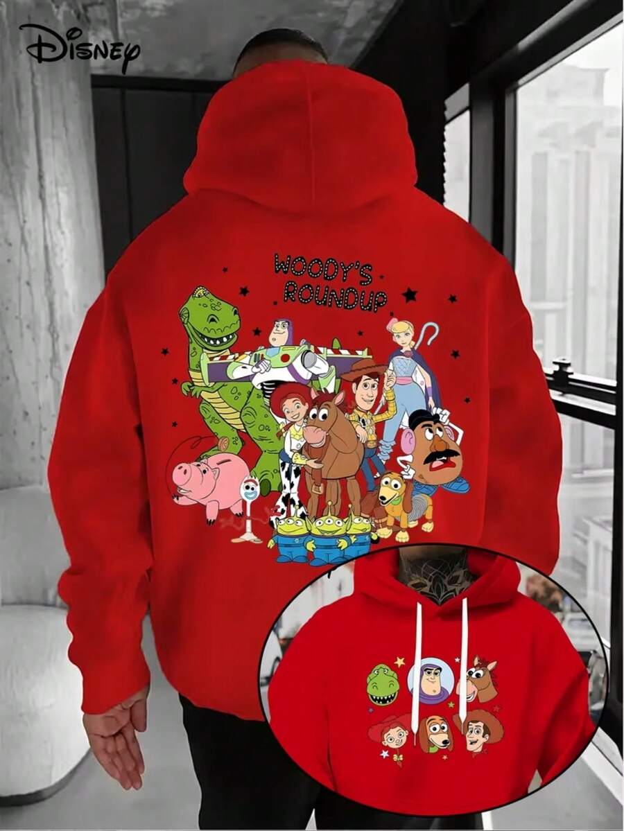 New Disney Hoodie-Men's Toy Story Wu Di Cartoon Pattern Pullover, Loose Hoodie Sweater In Front Pocket, Suitable For Casual Wear, Disney's Birthday Gift, Travel Clothes, Playful Design, Comfortable Fabrics, Fan Clothes, Movie Lovers, Home Clothes, Durable Materials, Printed Sweatshirts, Men. - Red - View 1