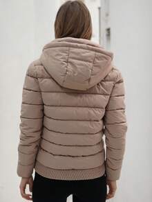 Solid Color Contrast Casual Zip Pocket Ribbed Padded Coat For Women, Suitable For School, Dates, Daily Wear, Festivals, Autumn/Winter - Pink 81 - View 3