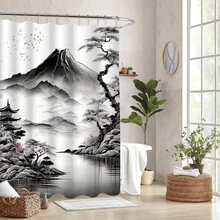 1件装水墨山林图案浴帘，高端艺术，自然风景，河山印花浴帘，适用于浴室装饰、一般房间装饰、家居装饰套装、浴室配件、浴缸帘 - 彩色 - 查看 4