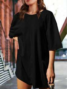 Rompers For Women 2025 Summer Athletic Oversized Romper Short Sleeve Jumpsuit With Pockets - Black - View 5