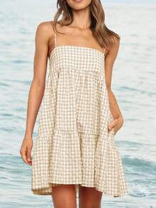 Women's Summer Plaid Mini Dress Spaghetti Strap Sleeveless A-Line Casual Beach Sundress With Pockets - 杏色 - 查看 1