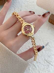 1pc Oval Bamboo Strap Women's Watch, Adjustable Gold-Tone Band, Elegant & Versatile Quartz Wristwatch, Suitable For Daily Wear, An Ideal Daily Matching Gift - 金色 - 查看 3