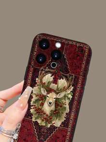1pc Burgundy Carpet Deer 2D Pattern Fashionable Phone Case, Classic Versatile Creative Style, Suitable As Birthday, Holiday, Christmas Gift For Friends, Family, Couples, Matte Black Full Coverage Protection Against Dust And Water, Compatible With IPhone 17/16/15/14/13/12/11/Pro/ProMax/PLUS And S/A Series - Black - View 6