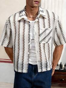 男士休闲短袖衬衫，宽松百搭纽扣上衣 - 杏色 - 查看 1