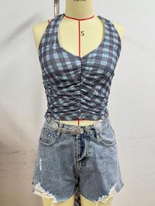 Y2K Style Crop Top, Off-Shoulder Camisole, Retro Plaid Shirt, Valentine's Day, Vacation Wear, Fashion Tops - Baby Blue - View 8