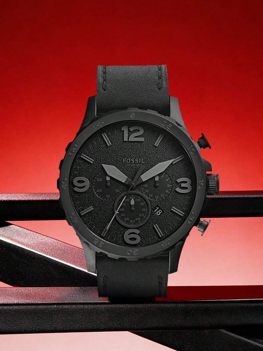 Fossil 男士 Nate 不锈钢石英黑色皮革计时腕表 JR1354 - 黑色 - 查看 1