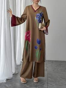 两件套女士套装：棕色碎花V领喇叭袖长款套头衫 + 棕色弹力腰阔腿裤，优雅奢华撞色套装，送给妈妈、女儿、妻子、女友的完美新年礼物，适合正式场合、居家穿着，春季百搭。 - 棕色 - 查看 5