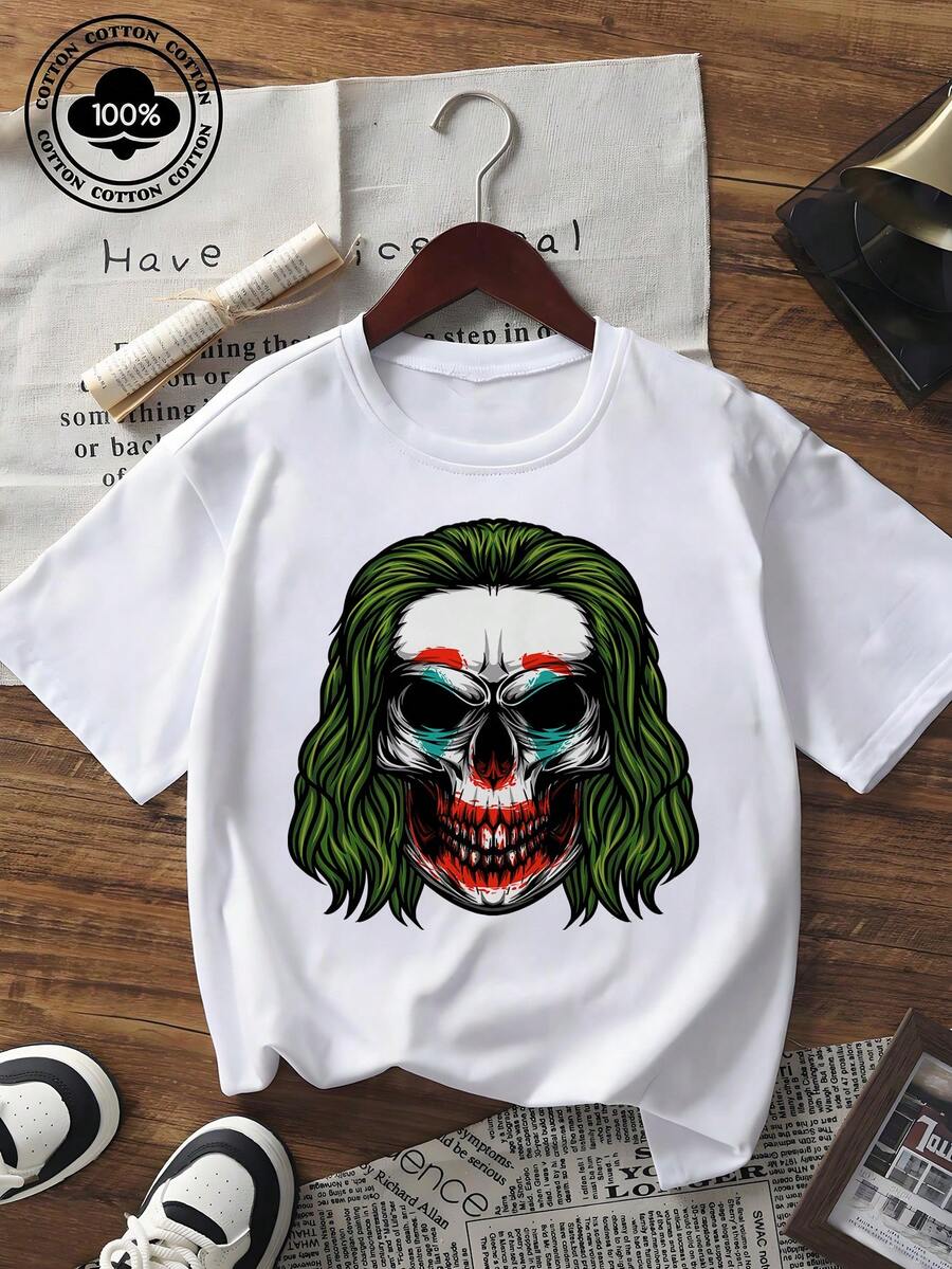 Damska koszulka z krótkim rękawem i nadrukiem czaszki klauna, luźny krój, okrągły dekolt, streetwearowy letni top do noszenia na co dzień, t-shirt w stylu punk - Biały - Zobacz 1