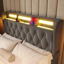 Upholstered Bed 140x190 Cm With LED Lighting And USB Socket, Headboard With Shelves And Storage Space, Flat Double Bed With 4 Drawers, Velvet. - Grey - View 5