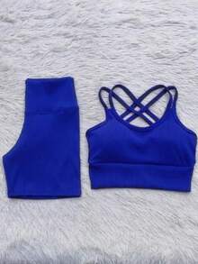 Ribbed Summer Set - Shorts And Top For Gym - Royal Blue - View 1