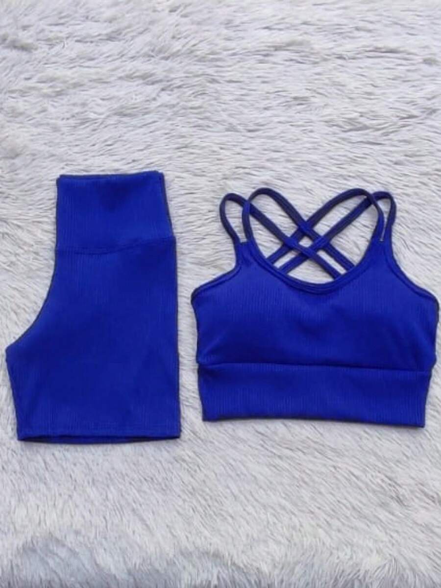 Ribbed Summer Set - Shorts And Top For Gym - Royal Blue - View 1