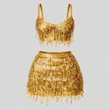 Women's Carnival Outfit: Top And Skirt With Fringe And Sequins, Glitter For Parties - Xanh ngọc lam - Xem 3