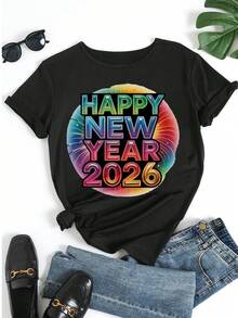 Damska koszulka z krótkim rękawem, nadruk Szczęśliwego Nowego Roku 2026, luźna koszulka z nadrukiem tęczowego gradientu i fajerwerków, z okrągłym dekoltem, miękka i wygodna, świąteczna koszulka na imprezę noworoczną w 2026 roku - Czarne - Zobacz 5