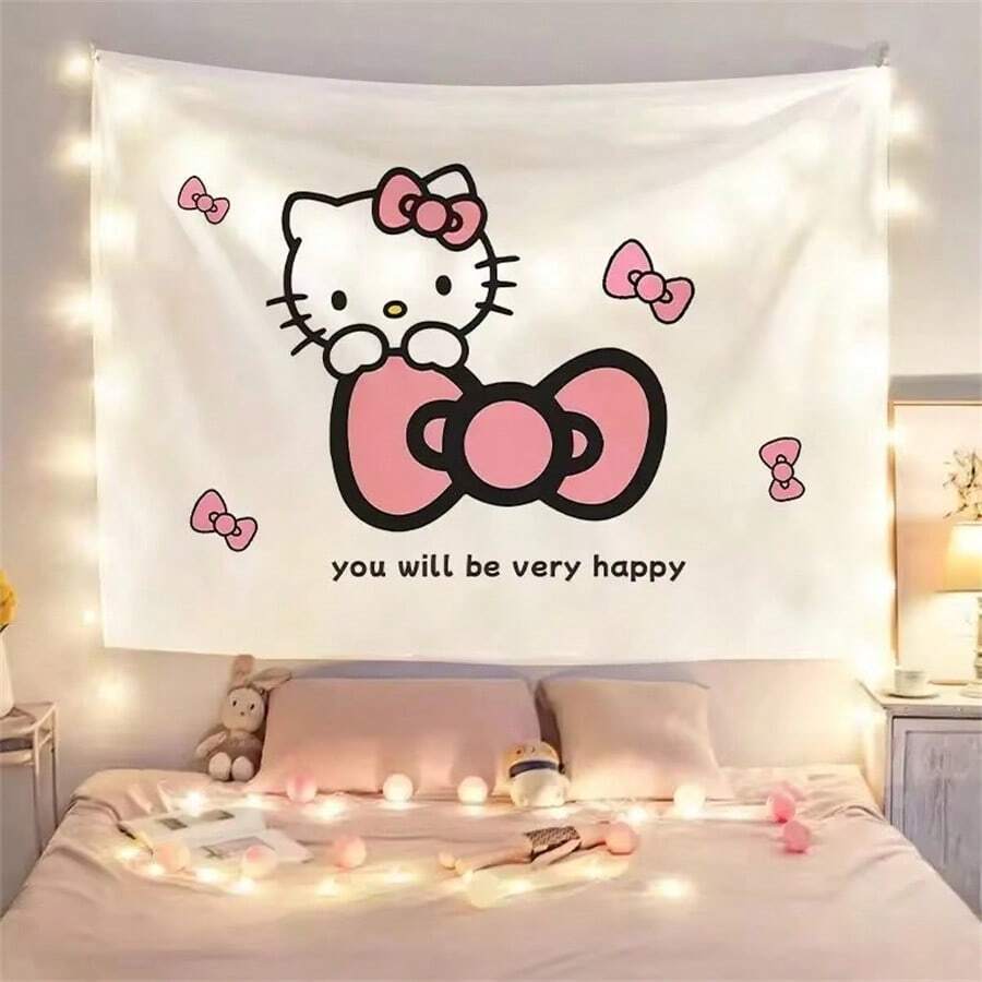 SANRIO 1件卡通可爱Hello Kitty挂毯墙饰可爱卡通风格嬉皮士挂毯艺术装饰房间装饰 - 白灰 - 查看 1