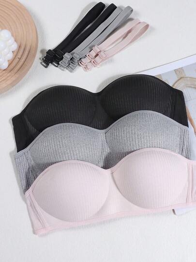 3 piezas Sujetadores bandeau acanalados de unicolor simple para niñas, camisetas sin tirantes, con tirantes ajustables