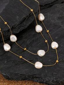 Opalesca 1pc Stainless Steel Double Layer Pearl Patchwork Necklace, Suitable For Women Daily Outfit & Gift - Multicolor - View 4