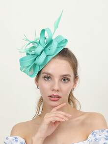 1件纯色蝴蝶结贝壳波西米亚宫廷风优雅涤纶头饰，带羽毛装饰，适合赛马日、单身派对、婚礼、节日派对、下午茶会、圣诞节等场合。