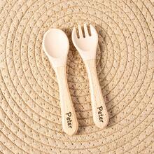 Customized Text Logo Fork & Spoon Set, Silicone Utensils With Wooden Handles, Personalized Name Engraved, Vibrant Colors Suitable For Young People, Durable Cutlery - Multicolor - View 7