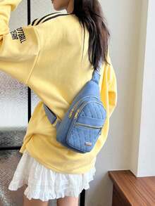 Versatile And Stylish Quilted Checkered Women's Crossbody/Chest Bag Features A New Multi-Layered Embroidered Design And A Large Capacity. Ideal For Outdoor Casual Wear, It Includes A Specially Designed Headphone Jack At The Top For Listening To Music While Walking. Breathable And Water-Resistant, It's Perfect For Daily Commutes And Outdoor Activities. - White - View 7