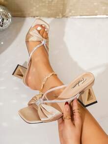 New Rhinestone Square Toe Slide Sandals For Women, French Chunky Heel High Heels, Comfortable Slip-On Beach Sandals With Bow - Gold - View 2