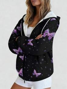 Butterfly Print Hoodie Sweatshirt, With Drawstring, Casual Zip-Up Long Sleeve Hooded Jacket, Suitable For Autumn/Winter, Plus Size Women Spring - Purple - View 6