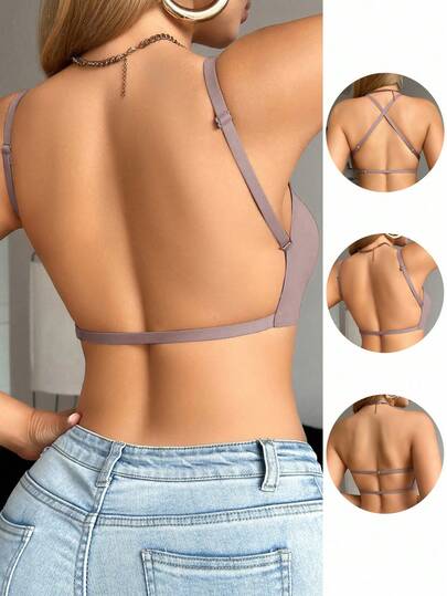 1pc Women's Casual Minimalist Solid Color Deep V-Neck Spaghetti Strap Backless Bralette, Comfortable & Suitable For Wedding Dress, Christmas Limited Edition Red Lingerie