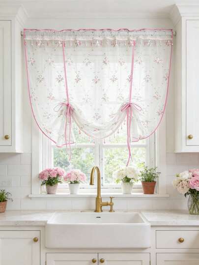 1 chiếc rèm buộc dây họa tiết hoa hồng lãng mạn cho cửa ra vào nhà bếp, rèm ren hoa voan mỏng cho cửa sổ nhỏ, rèm voan ngắn kiểu bong bóng có thể điều chỉnh cho phòng tắm, rèm cửa sổ lọc sáng cho tủ quần áo, rèm trang trí nhà cửa.