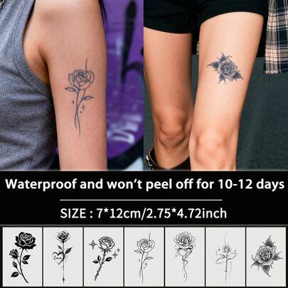 7片装玫瑰图腾半永久纹身贴纸，防水防汗，可持续1-2周，逼真草本汁液，防摩擦，不反光，黑色，男女通用，可用于手臂、胸部、腿部、腹部、腰部、手指、颈部、脊柱等部位，打造现代主义人体艺术风格。